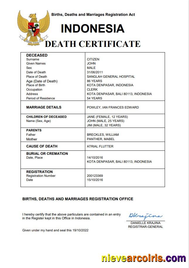 Indonesia vital record death certificate